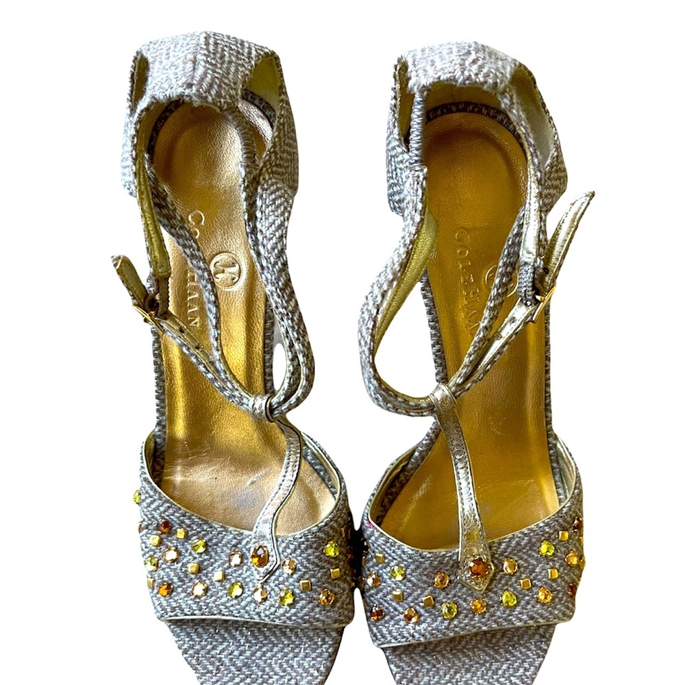 Cole Haan Silver and Gold Embellished T-Strap Heels